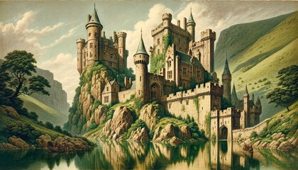 A scene of medieval castles, ancient and majestic, often set on hills or surrounded by water. One castle is perched high on a rugged hill, with tall - Powered by Adobe