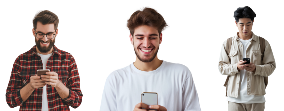 Person holding and looking at smartphone, Youth busy in smartphone concept isolated on white 