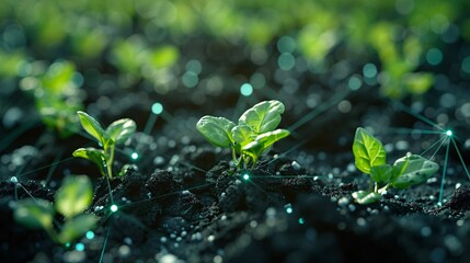 Close-up of young seedlings growing in fertile soil with digital data points, symbolizing agriculture technology and sustainable farming.