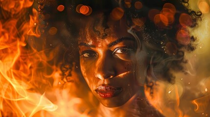 fierce african american woman surrounded by flames empowering abstract portrait