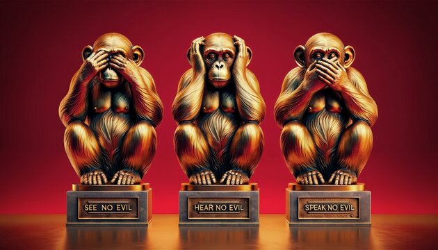Statues of three wise monkeys on a red background, symbolizing See No Evil, Hear No Evil, Speak No Evil in vibrant colors.