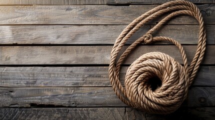 Fototapeta premium Riding rope on a wooden background with copy space for text or design, framed like a cowboy rope border.