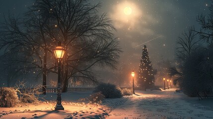 Elegant Christmas lamp in a snow-covered park, the moon casting a serene glow, a shooting star adding a touch of wonder