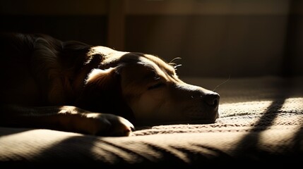 Obraz premium A silhouette of a dog sleeping on a soft bed is bathed in a warm light. The contrast of light and shadow creates a dramatic and peaceful image.