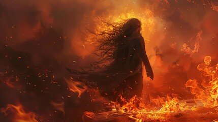 fiery asian man with long flaming hair walking through inferno supernatural concept digital art