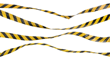 Isolated caution tape with yellow and black stripes. Waving on the wind warning ribbon set.