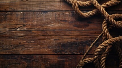 Riding rope on a wooden background with copy space for text or design, framed like a cowboy rope border.