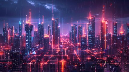 Fototapeta premium Concept of future technology in smart grids, holographic displays and AI-driven systems, urban setting