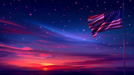 Detailed American flag illustration against a twilight sky, stars twinkling and deep colors, conveying a sense of pride