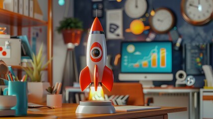 Detailed 3D rocket model on a desk, experts developing brand strategy, vibrant workspace with tech gadgets and charts