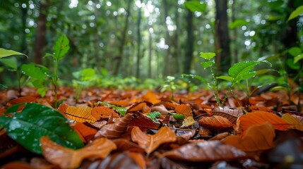 Obraz premium Detailed shot of forest floor, covered in fallen leaves and sprouting plants, showcasing the lush ecosystem