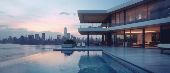 Sleek house with infinity pool overlooking city skyline