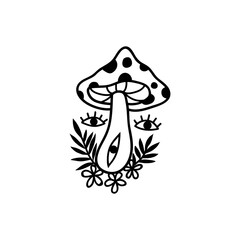 Eye mushroom boho. Lineart Vector illustration. Flower moon , Magic celestial witchcraft symbol. Masonic symbol. Hand drawn logo or emblem