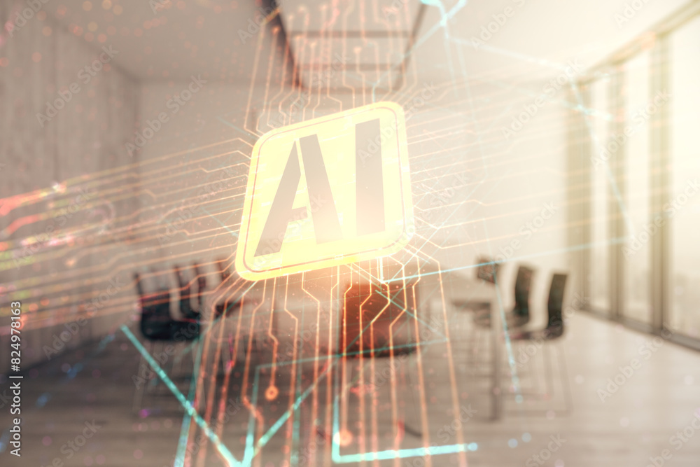Aufkleber double exposure of creative artificial intelligence icon on a modern meeting room background. neural