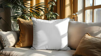 blank white polyester pillow with no pillow sitting on a couch - closeup mockup template