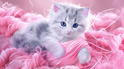 Kitten plays with a ball of pink threads
