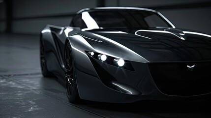 Fototapeta premium Close-up of the headlights and front grille on a fast-moving electric sports car, blurred, dark gray with white light accents.