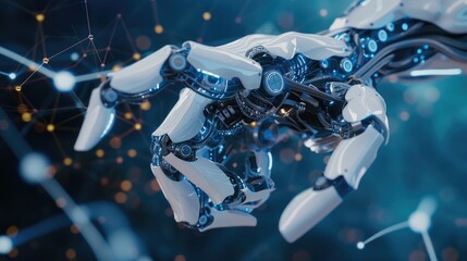 An industrial robot arm on a blue background with network connections and data flow lines, symbolizing the integration between industry and technology