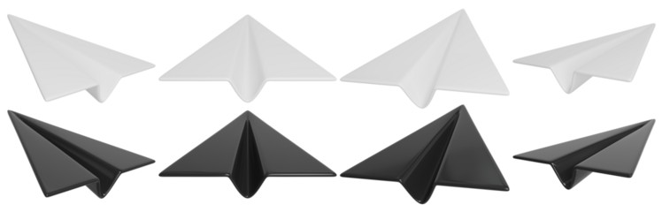 Black and white cartoon paper plane set. Isolated folded plane. 3D rendering.