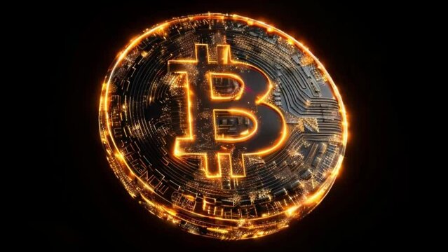 Shiny golden Currency with Bitcoin symbol. Cripto money, e-commerce finance virtual digital exchange concept. Gold sparkles on dark background