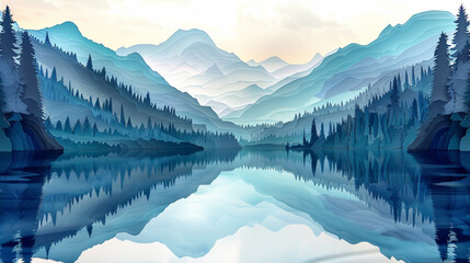 Tranquil paper cut-out of a serene lake and mountains in detailed layers.