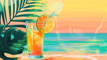 Design a vector graphic of a tropical cocktail on a gradient beach, with hues transitioning from...