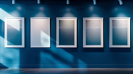 Contemporary white frames on a dark blue wall, each frame under a spotlight that emphasizes the modern aesthetic.