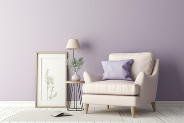 A chic and inviting space with a soft lavender accent wall, showcasing simple furniture and a blank white frame mockup.