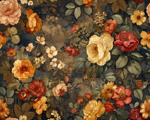 Fantasy vintage wallpaper, vibrant botanical flowers, muted earth tones, macro view, intricate and ornate floral motifs, whimsical and enchanting atmosphere, digital print