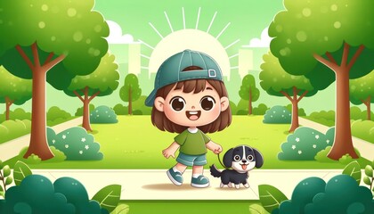 Obraz premium Illustrate a cute, cartoonish girl , happily walking a dog in a green, sunlit urban park with trees and paths