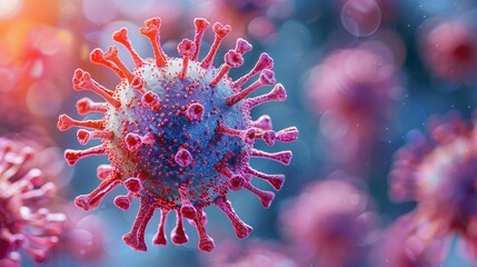 Flu virus cell in detailed close-up, vibrant and intricate, isolated background, studio lighting