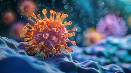 Flu virus cell in detailed close-up, vibrant and intricate, isolated background, studio lighting