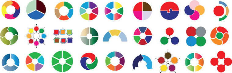 Obraz premium Colorful circle infographic elements, pie charts, and diagram icons perfect for data visualization, presentations, and reports vector graphics showcasing diverse design