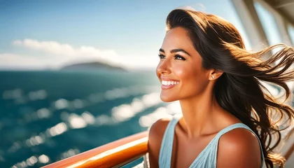 Close-up of beautiful smiling happy woman enjoying watching the sea from a cruise ship. Fashion model with long brown hair blowing in the wind and face illuminated by the sun. Generative Ai.