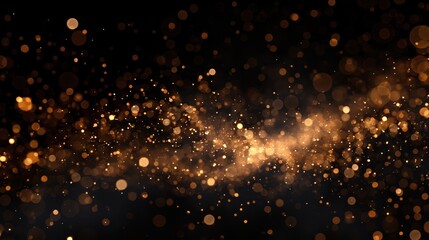 Golden particles scattering on a dark background, creating a magical shimmering effect. The image depicts a sea of tiny golden lights floating and spreading in a dark void, resembling cosmic dust - Powered by Adobe