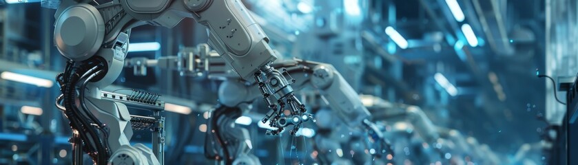 Futuristic Robotics Assembly Line Producing High-Tech Products with AI Coordination