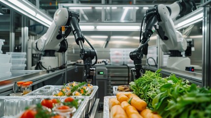 High-tech robotic arms processing and quality-checking food items in a futuristic food...