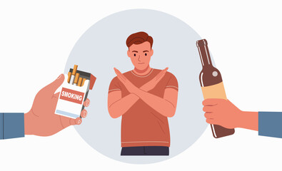 Young man with arms crossed shows a negative gesture and stop to the smoking and alcohol. Vector cartoon flat style illustration