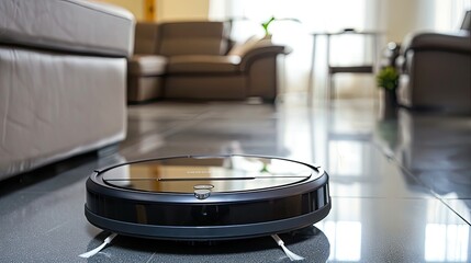 a smart robot vacuum cleaner on a white carpet, wooden floor, beige sofa, white curtains, and natural light streaming through a window in a modern interior.