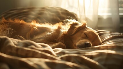 A dog sleeps bathed in a warm sunbeam that streams through the window and falls onto its soft bed. The light creates a halo effect, highlighting its peaceful slumber.