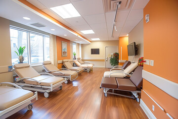 Naklejka premium A hospital room with many beds and a television