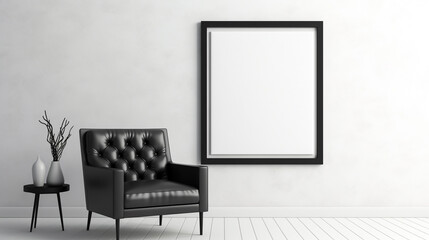 A chic monochrome palette with a black leather armchair, a white rug, and a blank empty white frame mockup on the wall in a high-contrast setting.