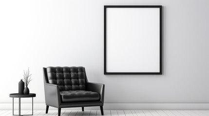 A chic monochrome palette with a black leather armchair, a white rug, and a blank empty white frame mockup on the wall in a high-contrast setting.