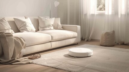 a smart robot vacuum cleaner on a white carpet, wooden floor, beige sofa, white curtains, and natural light streaming through a window in a modern interior.