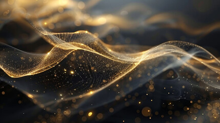 Abstract art with gold swirls on black background, elegant & mysterious.