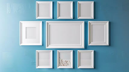Elegant white frames on a blue wall, styled for a clean and chic gallery look.