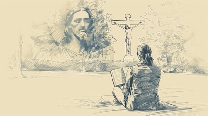 A Person Reading the Bible at Dawn, with Jesus's Presence Felt in the Early Morning Light, Biblical Illustration of Devotion