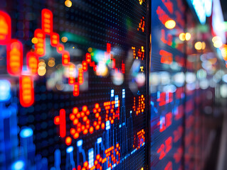 Vibrant Stock Market Display with Illuminated Red, Blue, Orange Graphs and Data Points Against Bokeh Background Highlighting Market Activity, Price Fluctuations, Trading Volumes, and Fast-Paced