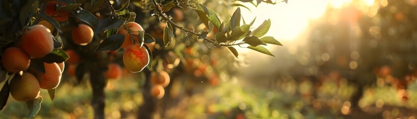 Bountiful Orchard Aglow with Diverse Fruits in Evening Radiance