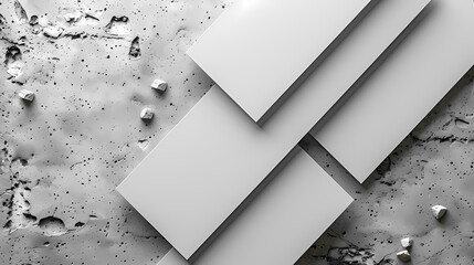 Closeup of empty white rectangle poster mockups lying diagonally with soft shadow on neutral light grey concrete background. Flat lay, top view. Open composition. 